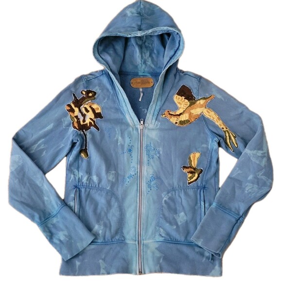 Free People Hoodie Women M Blue Tie Dye Embroidered Flying Birds Full Zip - Picture 2 of 16